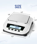 Beefy 2000g Capacity Lab Scale With 0.01g Readout For Jewelry And Science Labs Digital Analytical Balance Precision Plug In Ready With Leveling Feet No Test Weight Included, top view with measurements visible.