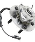 Close-up of a front wheel bearing hub from Two Front Wheel Bearing Hubs Assembly Kit For 2009 2011 Dodge Ram 1500 Replacement Pair Fits 2010 Models Includes Five Lug Three Bolt Triang Flange Bearings For A Smooth Quiet Ride with attached sensor wire.