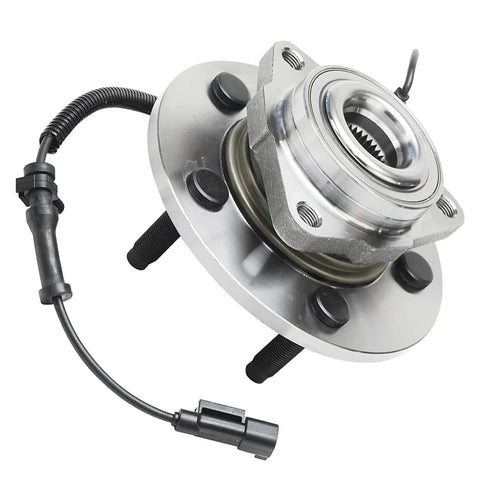 Close-up of a front wheel bearing hub from Two Front Wheel Bearing Hubs Assembly Kit For 2009 2011 Dodge Ram 1500 Replacement Pair Fits 2010 Models Includes Five Lug Three Bolt Triang Flange Bearings For A Smooth Quiet Ride with attached sensor wire.