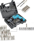 Drop Dead Easy Lithium Ion Cordless Hammer Drill And Impact Driver Workhorse Kit With Rapid Charger and Tough Tote Bag displayed in carrying case with tools.