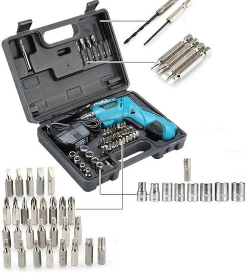 Drop Dead Easy Lithium Ion Cordless Hammer Drill And Impact Driver Workhorse Kit With Rapid Charger and Tough Tote Bag displayed in carrying case with tools.