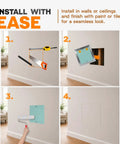 Straight Up Durable 8 X 8 Inch Drywall Access Panel Paintable Wall Repair Cover installation steps with tools and wall placement.