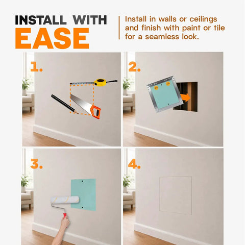 Straight Up Durable 8 X 8 Inch Drywall Access Panel Paintable Wall Repair Cover installation steps with tools and wall placement.