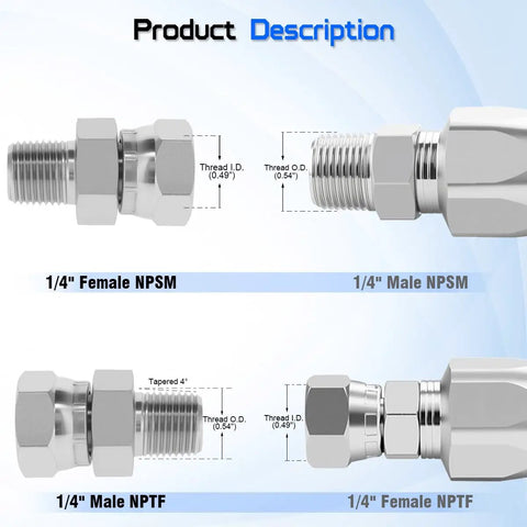 Hydraulic Swivel Adapter 1/4 Inch NPTF Male To 1/4 Inch NPSM Female 360 Degree Swivel For Tight Spaces No Fuss Alignment Anti Kink Design Durable Steel Construction High Flow Quick Connect, 1/4 NPSM and NPTF threads