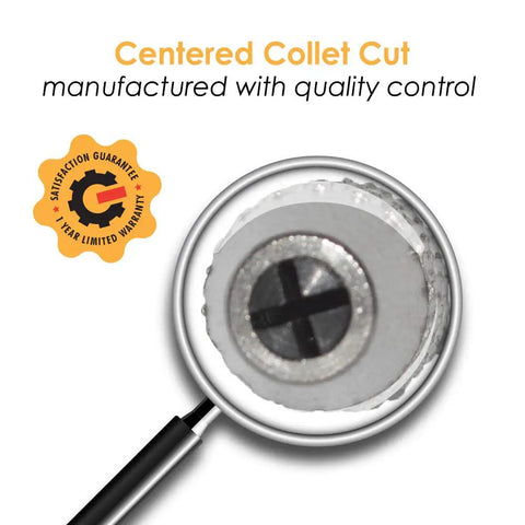 Close-up of keyless mini chuck adapter with one quarter inch hex shank for micro drill bits 60 to 80, highlighting collet cut.