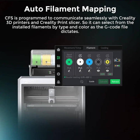 CFS Multicolor 3D Printing System display showing auto filament mapping on screen, featured on a 3D printer.