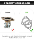 Two 2.5-inch, 3-bolt exhaust flange gaskets shown; left old rusted style, right perforated metal replacement gaskets