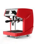 Next Level Red Semi Automatic Espresso Machine And Coffee Maker Boasting A Bright Led Screen Hot Steam Frother And A Sweet One Point Seven Liter Water Tank For Fire Shots from a front angle showing controls and frother.