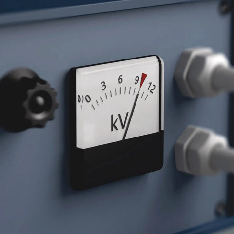 Close-up of a voltage meter showing 9 kV, related to Stainless VDE Slotted Screwdriver With Lasertip One Eighth Inch Head Three Point One Nine Inch Blade 1000 Volt Safe Working Voltage Rust Resistant 3160i Water Bath Tested At Ten Thousand Volts Pro Grade Tool.
