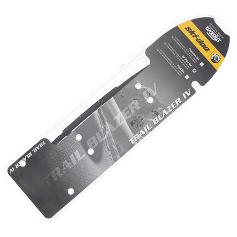 Side view of Ski-Doo BRP OEM Trail Blazer IV 6-inch carbide snowmobile runner, gray metal plate with mounting holes