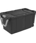 Beefy 40 Gallon Storage Bin On Wheels With Locking Lid Resin Plastic Toolbox for garage, deep gray, front view.