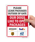 Keep Those Paws Off My Porch Package Drop Off Gate Sign With Major Courier Logos 10 By 7 Inch, hand holding a sign.