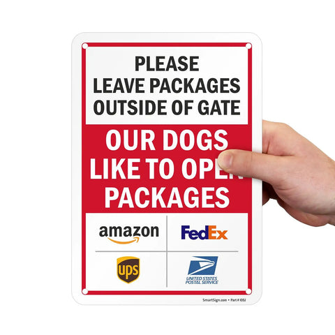 Keep Those Paws Off My Porch Package Drop Off Gate Sign With Major Courier Logos 10 By 7 Inch, hand holding a sign.