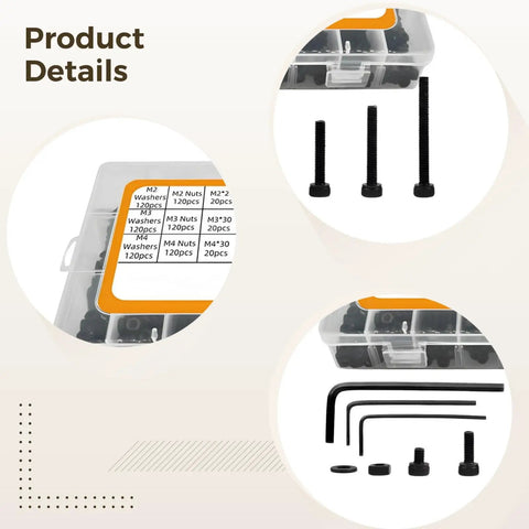 1080 Piece Hex Socket Screw Kit With Washers And Nuts, M2 M3 M4 Stainless Steel Hardware Set in labeled storage box shown