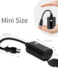 Outdoor Matter Smart Plug 2 Pack IP65 Waterproof No Hub Needed Works With Alexa Google Home Apple Home SmartThings Smart Life 2.4GHz WiFi Outdoor Outlet with dimensions and mini size shown