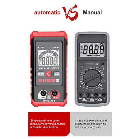 Comparison of Smart Automatic Digital Multimeter 2000 Count With Non Contact Voltage Tester vs manual version showing features