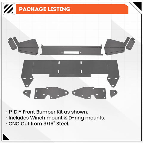 Top-down view of ECOTRIC front bumper kit parts for Jeep Cherokee XJ (1984–2001) in bare metal, includes winch mount plate.