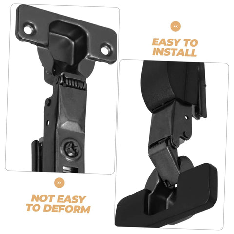Black soft close cabinet hinges with damping, two views, easy installation, Mipcase design for quiet operation in cabinets.