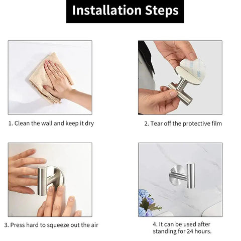 Installation steps for Brushed Nickel Self Adhesive Towel Hooks Made From SUS304 Stainless Steel No Drill Heavy Duty Waterproof Wall Hangers