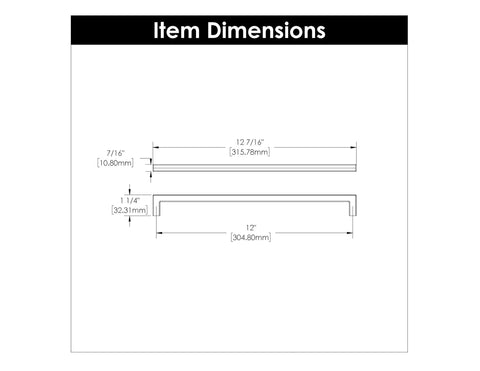 Dimensions diagram of Solid Core Kitchen Cabinet Pulls And Handles In Matte Black From Skylight Collection 12 Inch Hole Center Heavy Duty Metal Cabinet Hardware For Doors And Dresser Drawers Pack Of 1