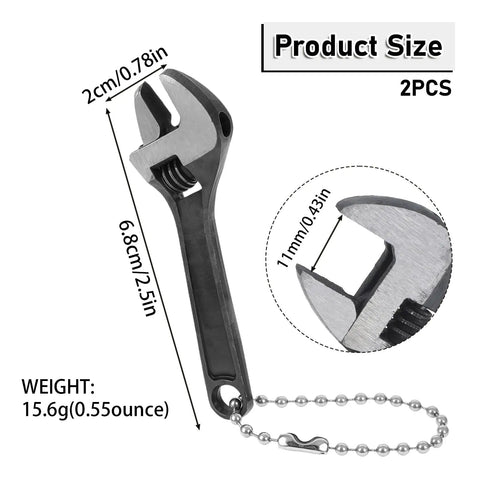 Two Pack 2.5 Inch Mini Adjustable Crescent Wrenches With Locking Keychain showcasing dimensions and weight