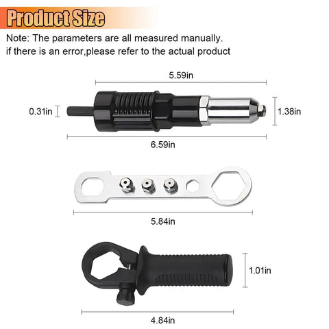 Cordless Pop Rivet Gun Adapter Kit With Four Rivet Heads 2.4mm 3.2mm 4.0mm 4.8mm For Quick On Demand Riveting And A Tough Aluminum Alloy Head Durable Nut Tool Easy Pop Riveter Insert showing product size and wrench with rivet heads.