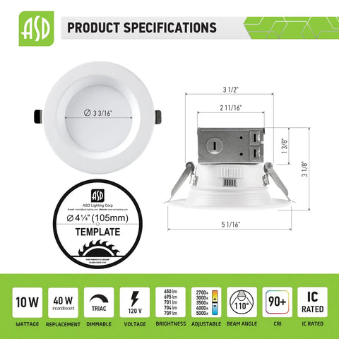 12 Pack 4 Inch LED Recessed Lights With Integrated Junction Box dimensions and specifications, IC Rated, UL Listed, Energy Star