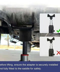 Bottle Jack Adapter And Axle Saddle showing proper installation under vehicle for 2, 3, 4 inch axles and 2 inch tubes, heavy duty.