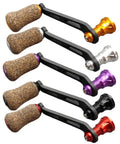 Premium Single Rocker Fishing Reel Handle With Rubber Cork Knob Carbon Fiber Core 70Mm Screw In Arm Length showing various colors and grips.