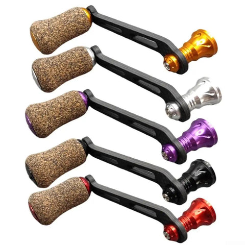 Premium Single Rocker Fishing Reel Handle With Rubber Cork Knob Carbon Fiber Core 70Mm Screw In Arm Length showing various colors and grips.