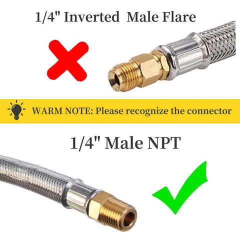 Comparison of 1/4 inch inverted male flare and 1/4 inch male NPT connectors on stainless steel braided hose