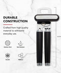 Multifunction Can Opener And Bottle Opener For Easy Kitchen Use With Razor Sharp Stainless Steel Cutting Wheel And Soft Ergonomic Handles In Black