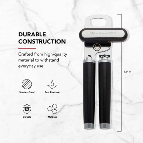 Multifunction Can Opener And Bottle Opener For Easy Kitchen Use With Razor Sharp Stainless Steel Cutting Wheel And Soft Ergonomic Handles In Black