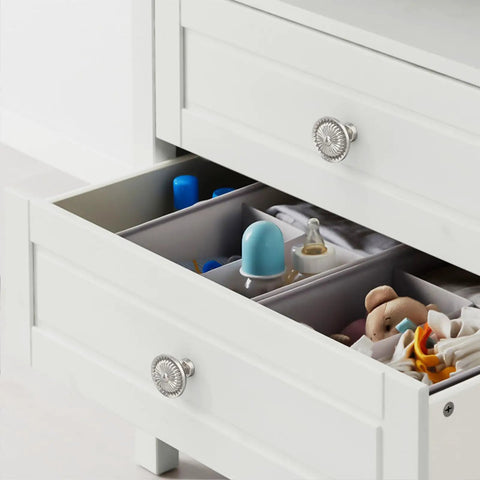 Top Shelf 10 Pack Brushed Satin Nickel Kitchen Cabinet Knobs Solid Heavy Duty Metal Drawer Pulls Rust Proof Hardware on white drawers.