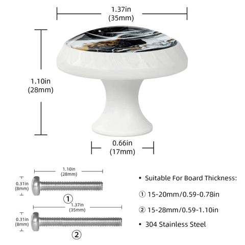 Premium 4 Pack 1.37 Inch Round Marble Cabinet Knobs With A Fresh Black And White Liquid ABS Cabochon Glass Finish side view with screws