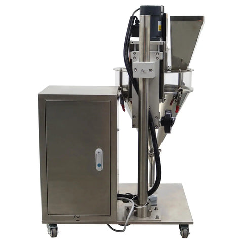 Compact Desktop Semi Automatic Powder Filling Machine Featuring No Sweat Setup And Consistent 10 To 200 Gram Dosing For Coffee Milk Sugar Feed And Bulk Granules, side view.
