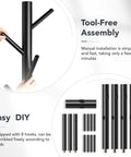 Assembly process of Freestanding Wooden Coat Rack With 8 Hooks, Easy Assembly, 3 Adjustable Heights, Black Finish components shown.