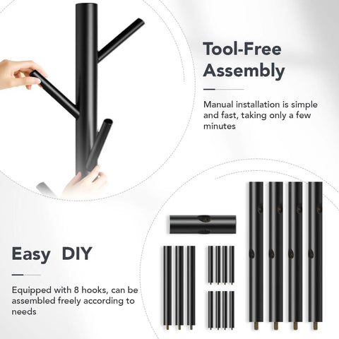 Assembly process of Freestanding Wooden Coat Rack With 8 Hooks, Easy Assembly, 3 Adjustable Heights, Black Finish components shown.
