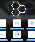 Hexagon Garage LED Lights 3 Pack 128W 17280LM Color Temperature Adjustable 6500K 4500K 3000K Ceiling Lights diagram showing dimensions and package contents