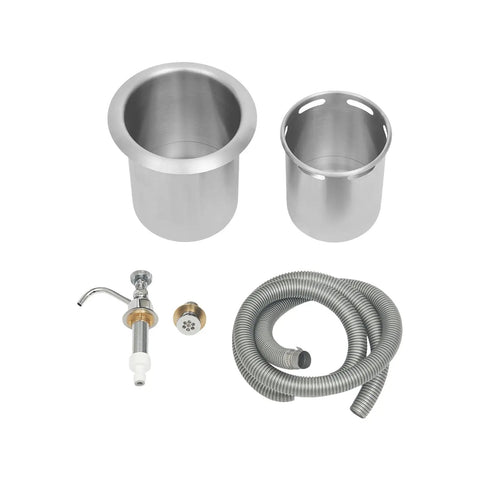 Dipper Well Faucet & Bowl Set components including stainless steel bowl, faucet, and hose for coffee shop sink assembly.