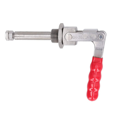 Professional Grade Beefy Horizontal Push Pull Clamp With Quick Toggle Lever For Welding Positioning Metal Work Holding Straight Up Highly Reliable Shop Tool, steel clamp with red handle.