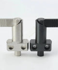 Heavy Duty Indexing Plunger M16 M20 With L Handle Flange Mount shown in both silver and black finishes for CNC rigs.