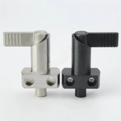 Heavy Duty Indexing Plunger M16 M20 With L Handle Flange Mount shown in both silver and black finishes for CNC rigs.