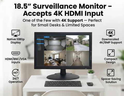 18.5 Inch Native 1080p CCTV Monitor For 24 7 Surveillance Pro Grade 4K 8MP HDMI Input Downscaled To Full HD, shown on desk
