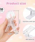 10 Pack Balloon Arch Clips 3.5 Inch Transparent Plastic Spring Clamps held in hand, size details shown, ABS material
