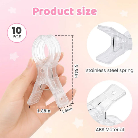 10 Pack Balloon Arch Clips 3.5 Inch Transparent Plastic Spring Clamps held in hand, size details shown, ABS material