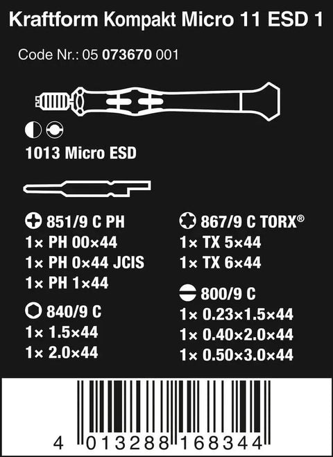 Kraftform Kompakt ESD 11 Piece Micro Tool Set packaging with tool specifications and barcodes, Czech Republic Made.