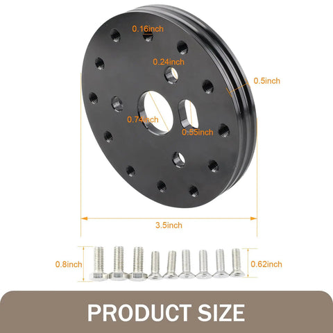 Slick Hardcore Street Ready Six To Three Hole Steering Wheel Adapter With Quick Release Hub and Rugged Locking Bolts For Universal Car Mods And Daily Cruisers Black, showing dimensions and included screws.