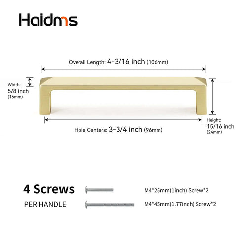 Pro Grade Brushed Gold Cabinet Handles Heavy Duty Zinc Alloy Drawer Pulls 3 3/4 Inch Center To Center dimensions illustrated with screws