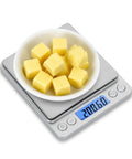 Grab-And-Go Pocket Size Digital Scale 500G 0.01G Precision with bowl of butter cubes on stainless steel platform